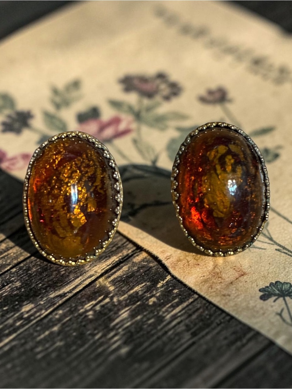 Hattie Carnegie Amber Oval Glass Clip-On Earrings